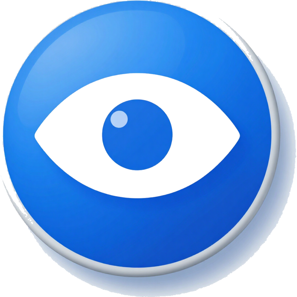 Icono de ojo azul en un botón circular con centro blanco y sombra paralela.