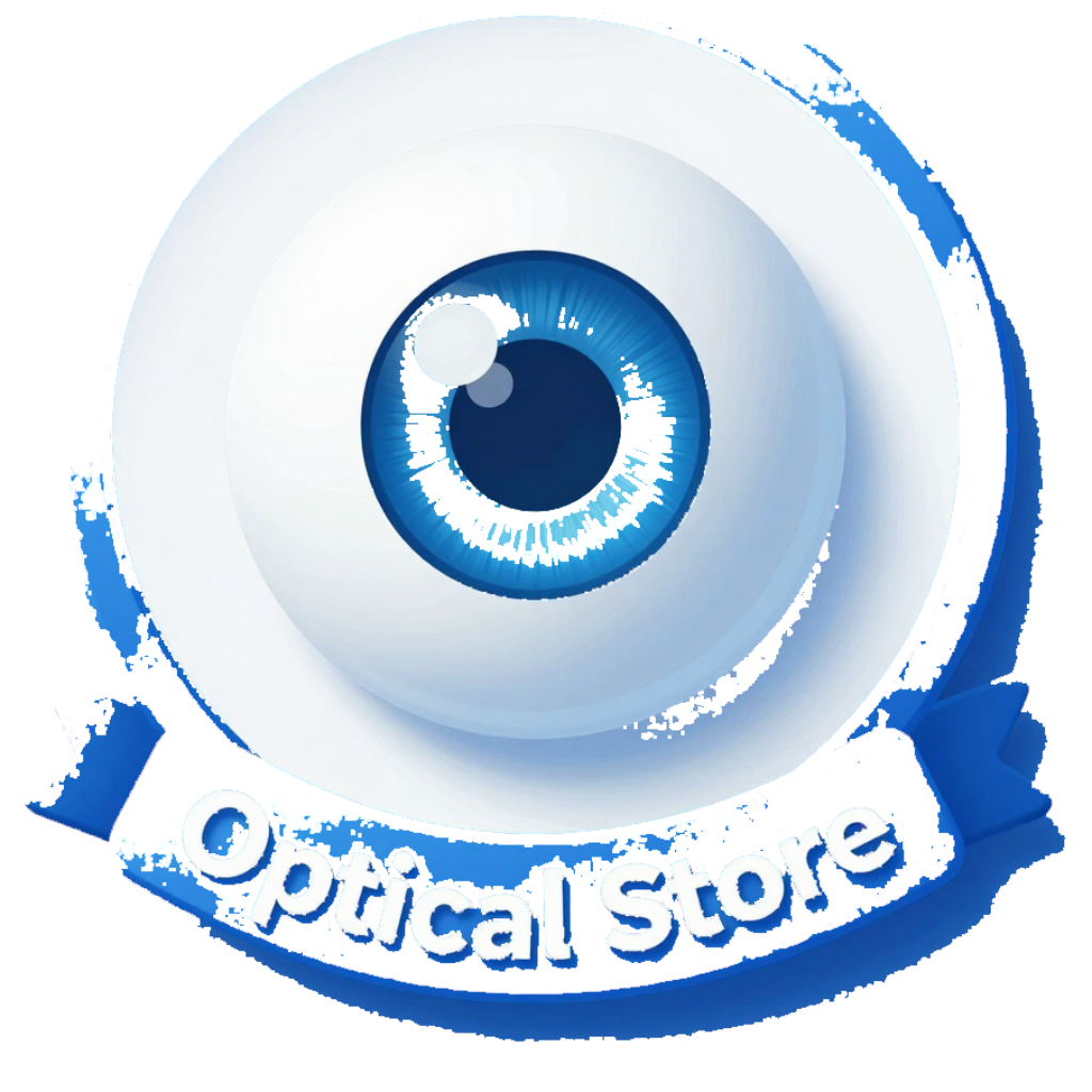Logotipo de óptica azul y blanco con icono de ojo estilizado y texto curvo.