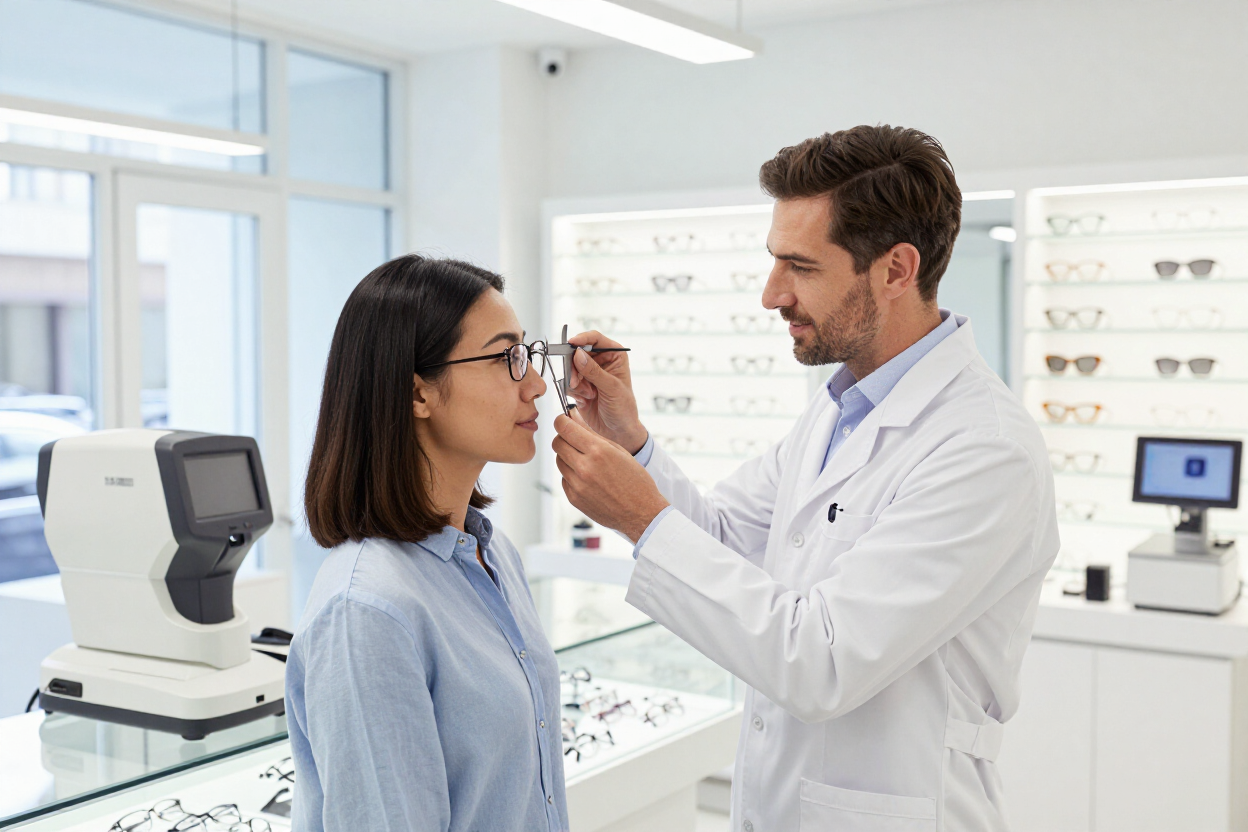 Optometrista ajustando las gafas de un paciente en una luminosa clínica oftalmológica.