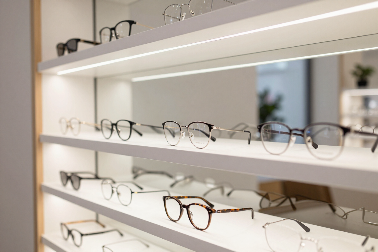Gafas expuestas en estanterías iluminadas en un escaparate de tienda.