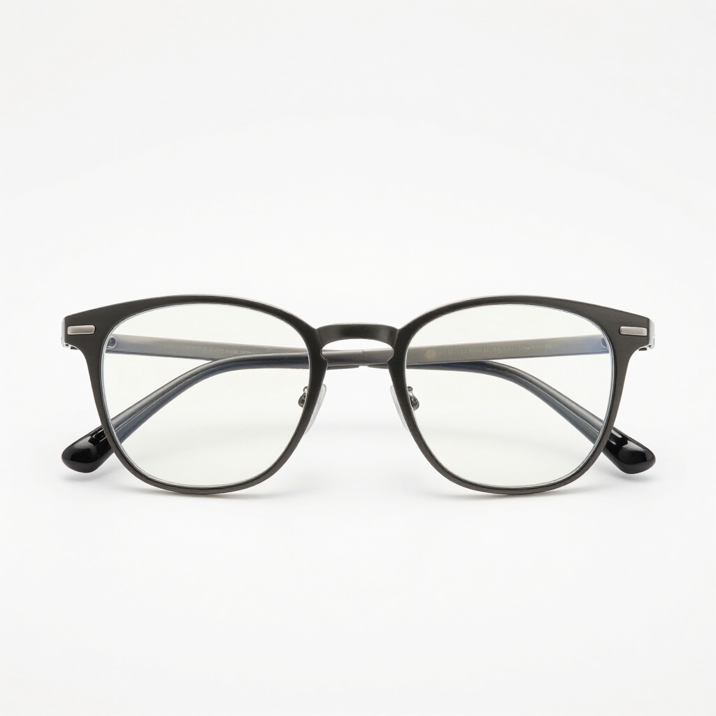 Gafas redondas negras con lentes transparentes sobre fondo blanco