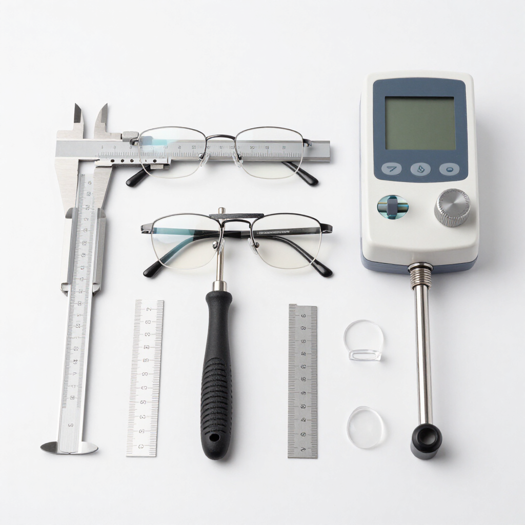 Herramientas para la adaptación de gafas y dispositivo de medición digital dispuestos sobre una superficie blanca.