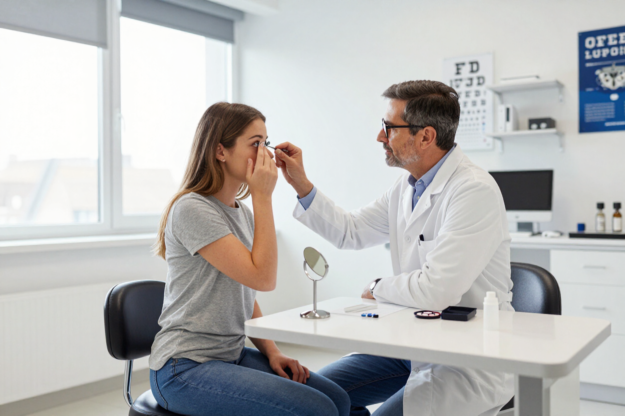 Un médico examina los ojos de un paciente en una luminosa sala de exploración clínica.