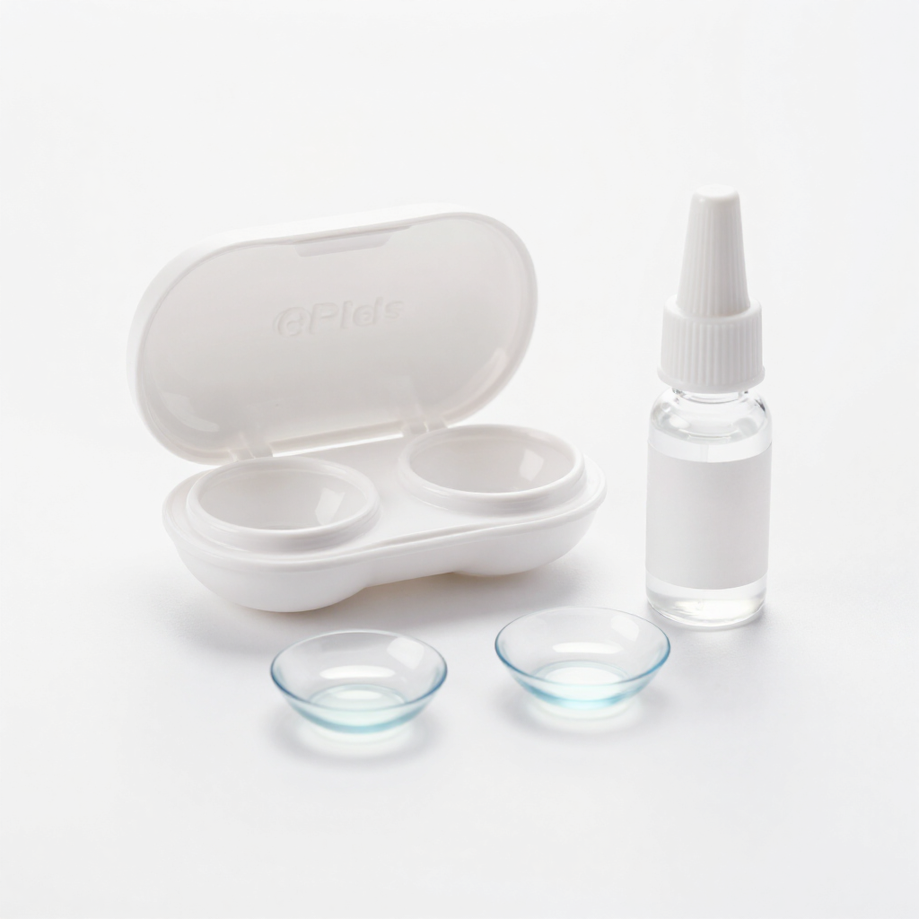 Estuche para lentes de contacto, frasco de solución y dos lentes transparentes sobre un fondo blanco.
