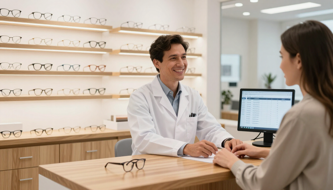 Óptico atendiendo a un cliente en el mostrador de una óptica, con monturas de gafas expuestas detrás de él.
