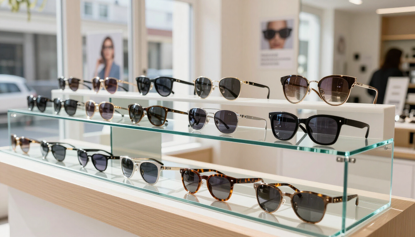 Exposición de gafas de sol variadas en estantes de cristal en una luminosa óptica.