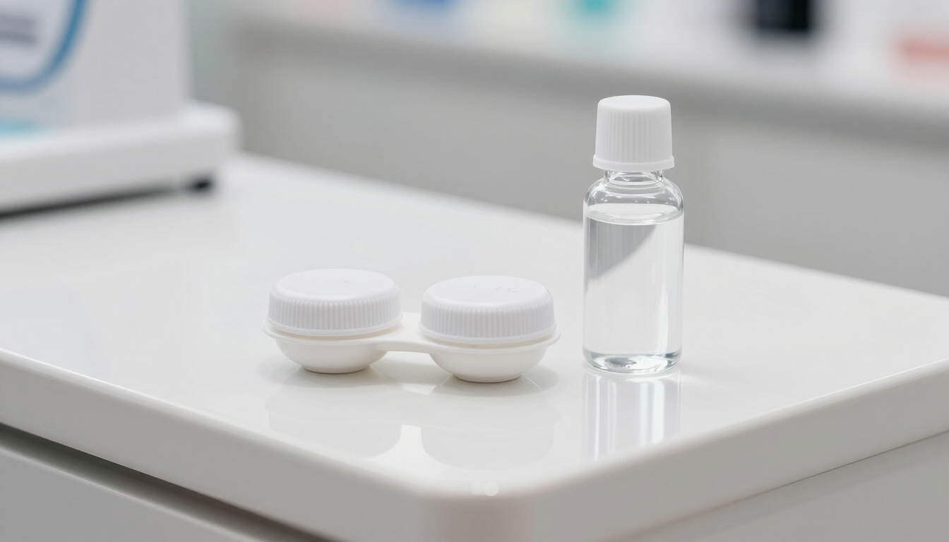 Dos estuches blancos para lentes de contacto y un pequeño frasco transparente de solución para lentes sobre una mesa blanca.