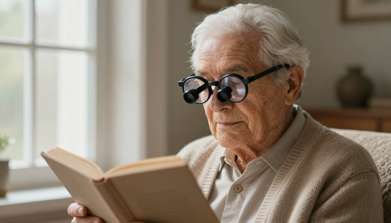 Una persona mayor con gafas lee un libro en el interior de una casa, sentada en un sofá.