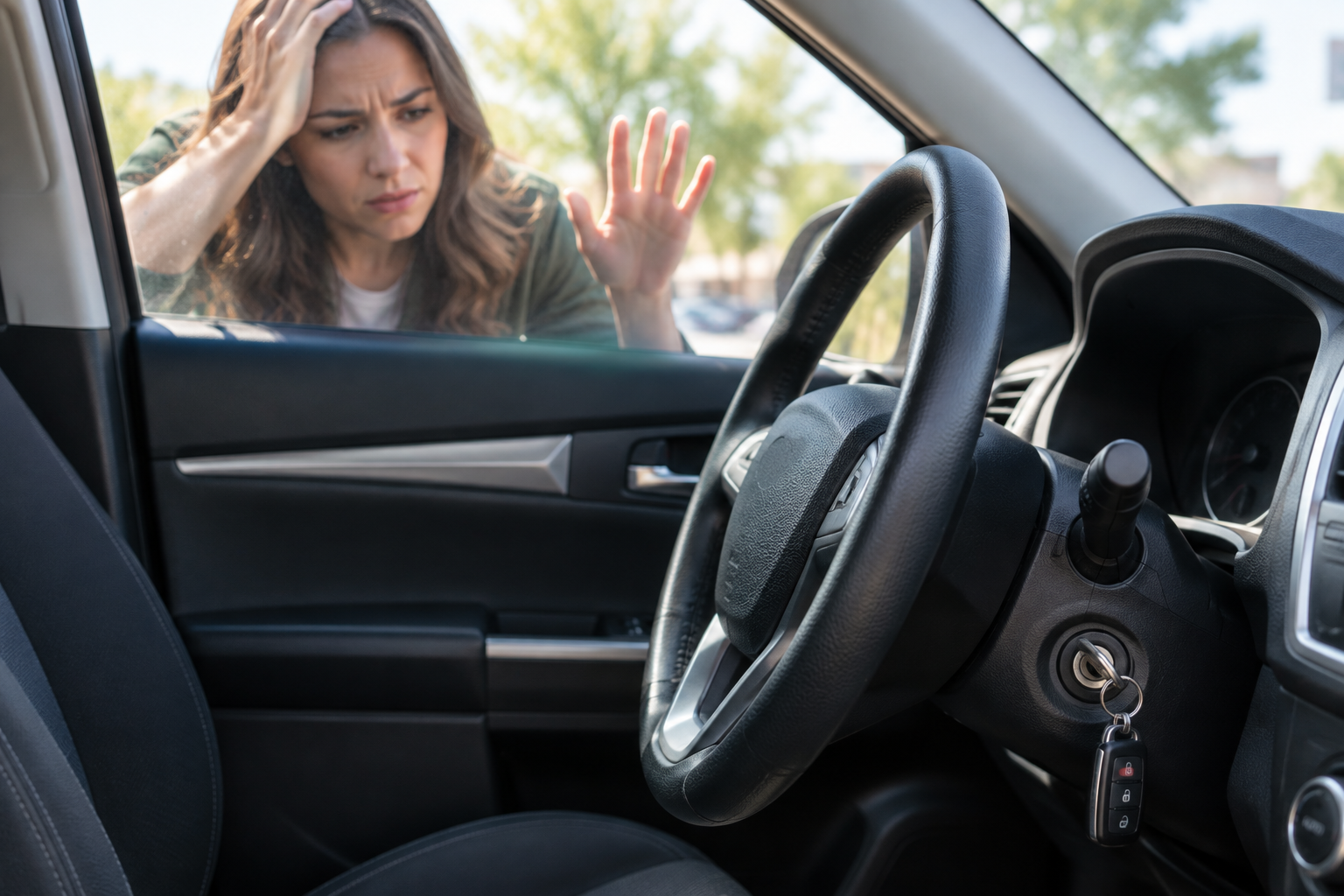 Woman outside a car window, holding her head and looking frustrated at the steering wheel inside.