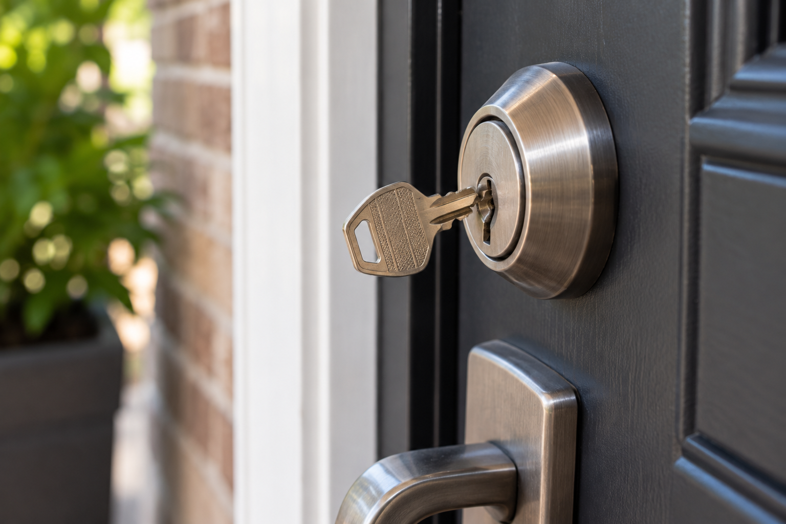 Key inserted in a black front door lock with a silver handle