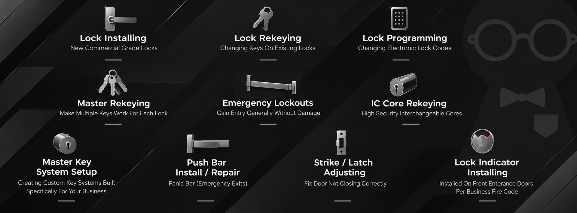 Black infographic showing 10 labeled safety or hazard icons on a dark background