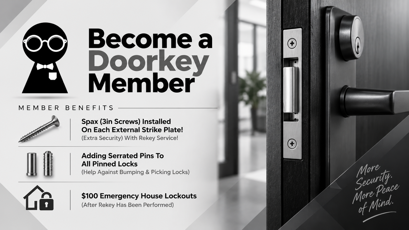 Door key member ad with lock and hardware on a gray background