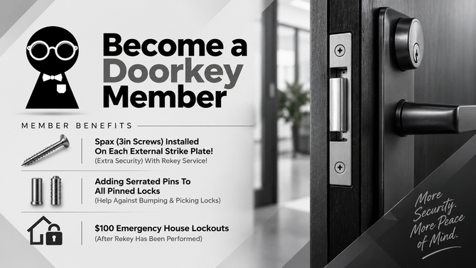Door key member ad with lock and hardware on a gray background
