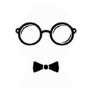 Black round glasses above a black bow tie on a white background
