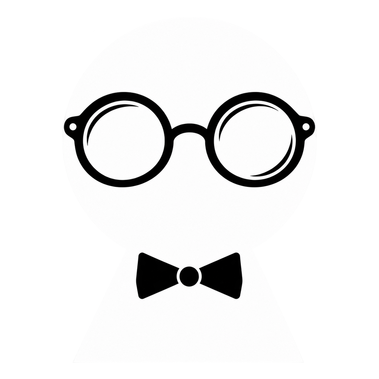 Black round glasses above a black bow tie on a white background