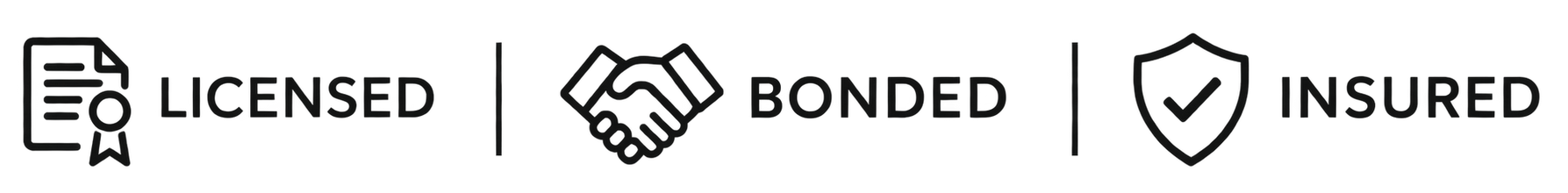 Licensed, bonded, and insured icons with black text and shield/handshake symbols on a light background