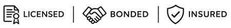 Licensed, bonded, and insured icons with black text and shield/handshake symbols on a light background
