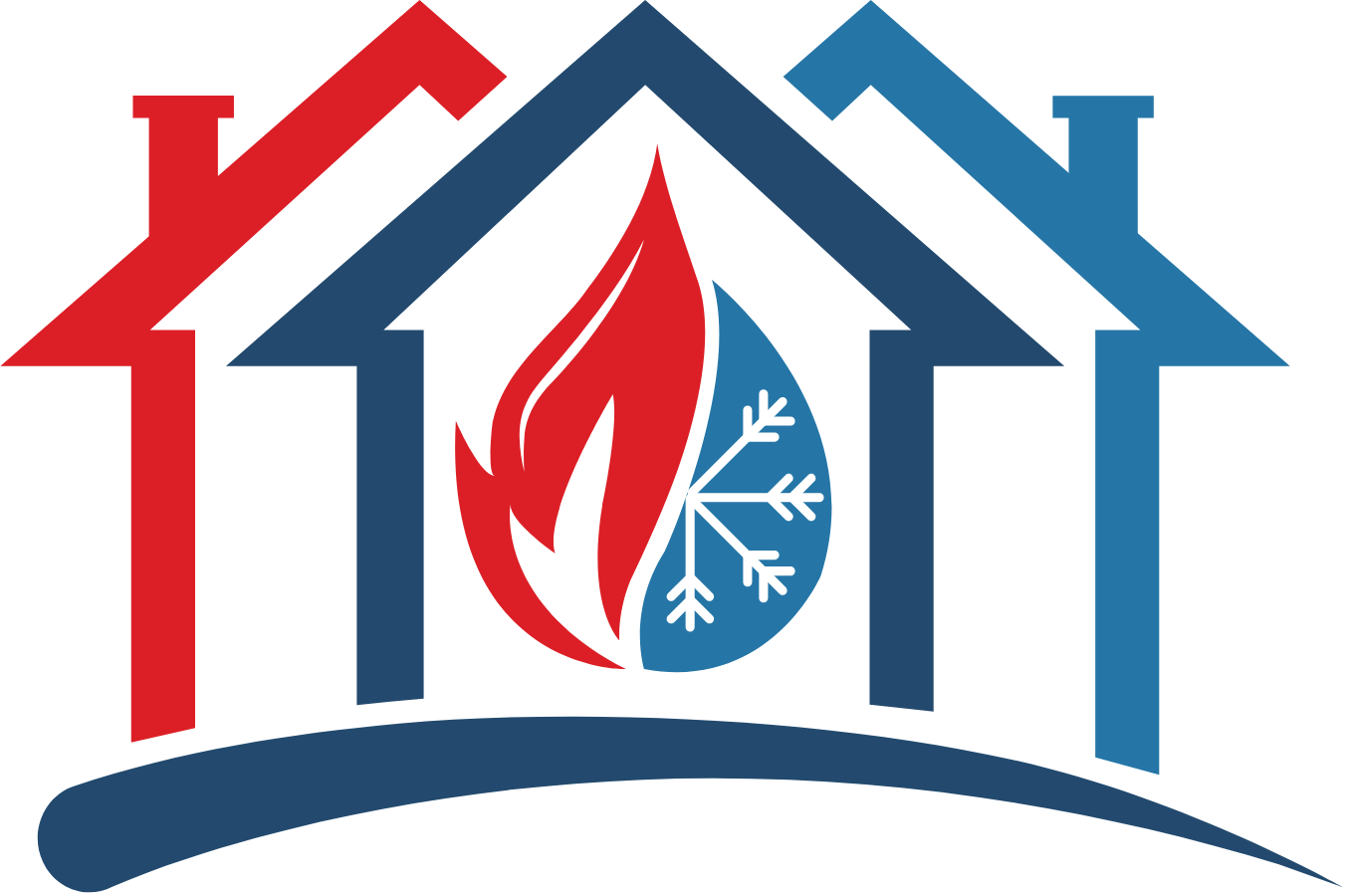 HVAC Services Logo: Three houses (red, blue) frame a flame/snowflake design, representing heating and cooling services.