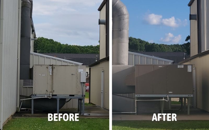 Before-and-after view of a beige service area with a metal enclosure and pipes beside a building