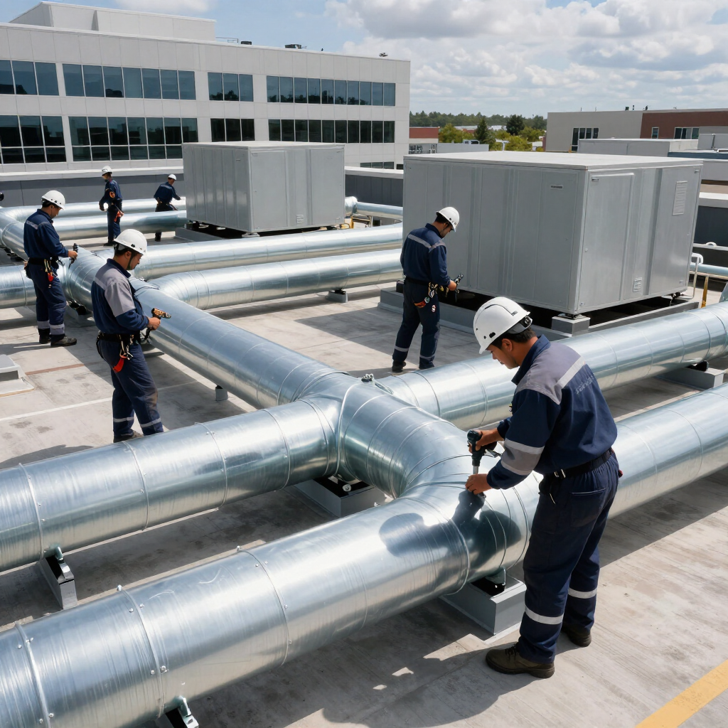 Workers installing large silver rooftop HVAC ducts on a commercial building rooftop.