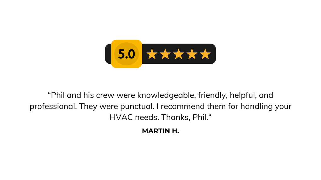 5-star review badge with a 5.0 rating and customer quote praising HVAC repair service