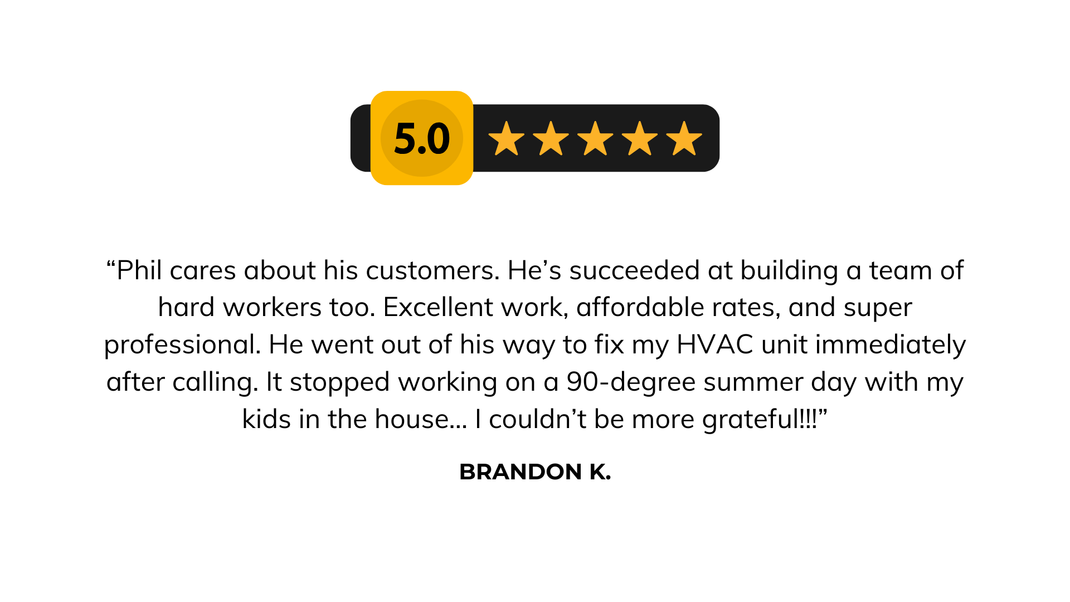 5-star review badge above a customer testimonial praising excellent work and support