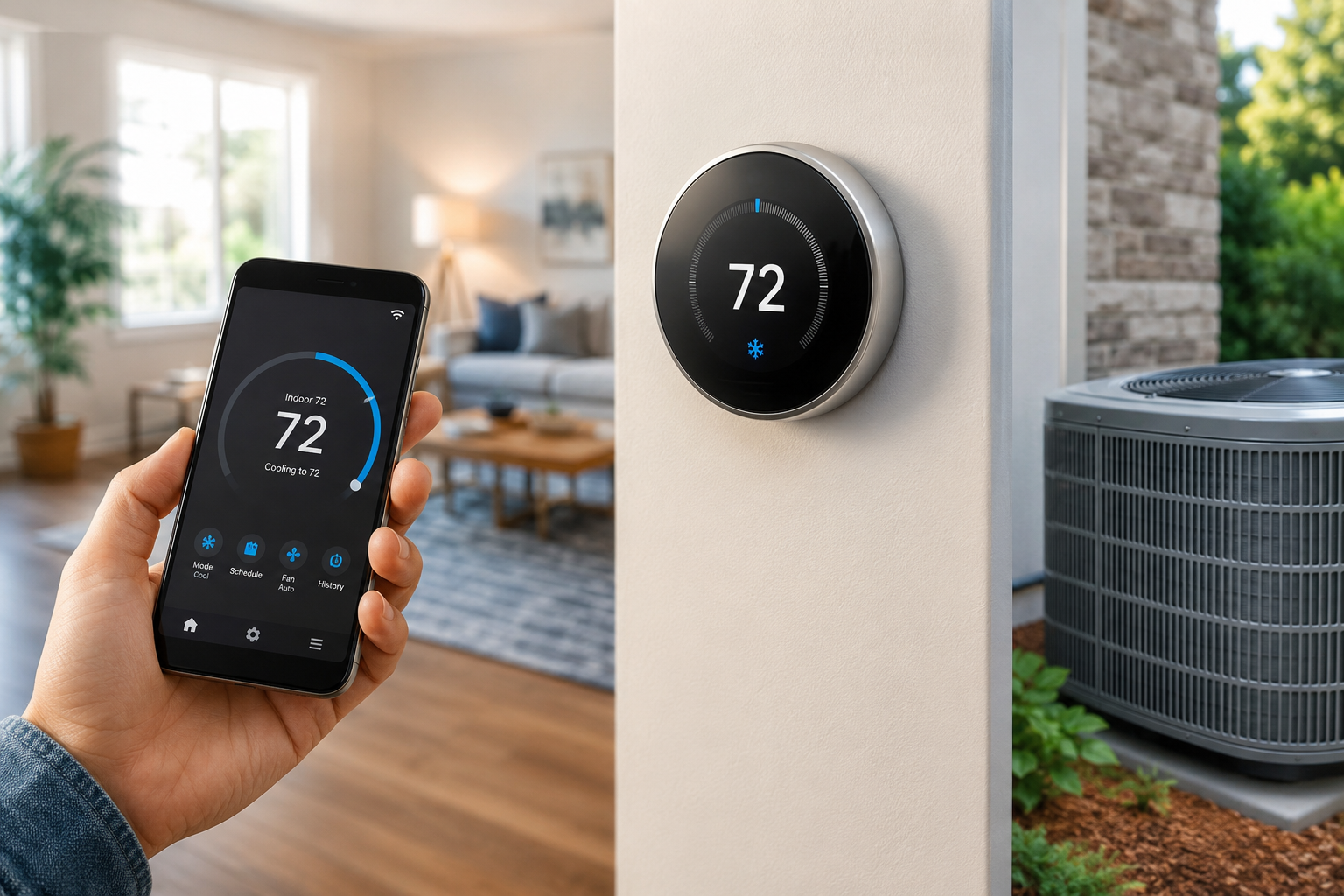 Hand holding a phone with a 72° thermostat app beside a wall-mounted smart thermostat and outdoor AC unit