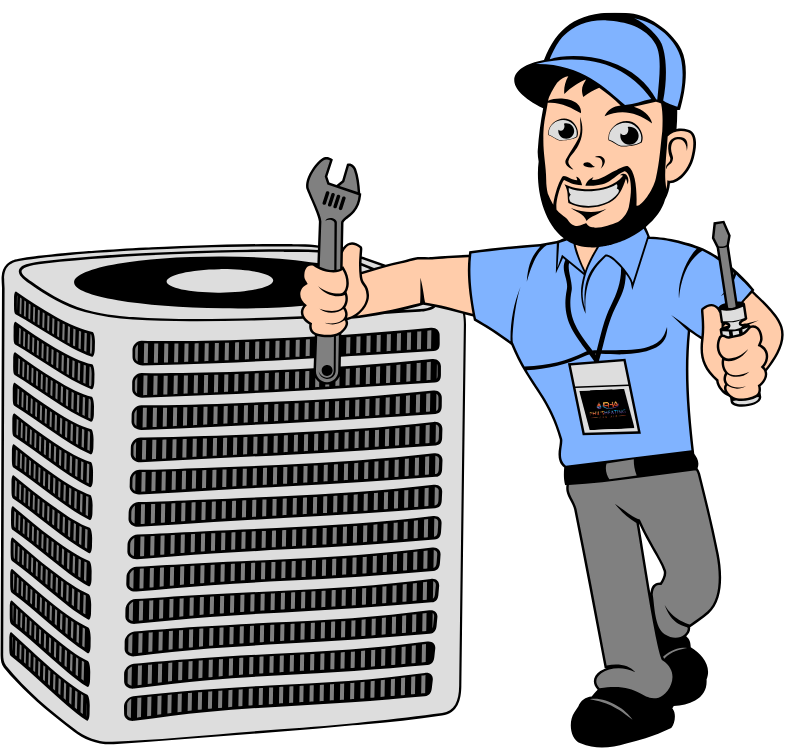 Contact Us A cartoon of a man holding a wrench and a screwdriver next to an air conditioner.