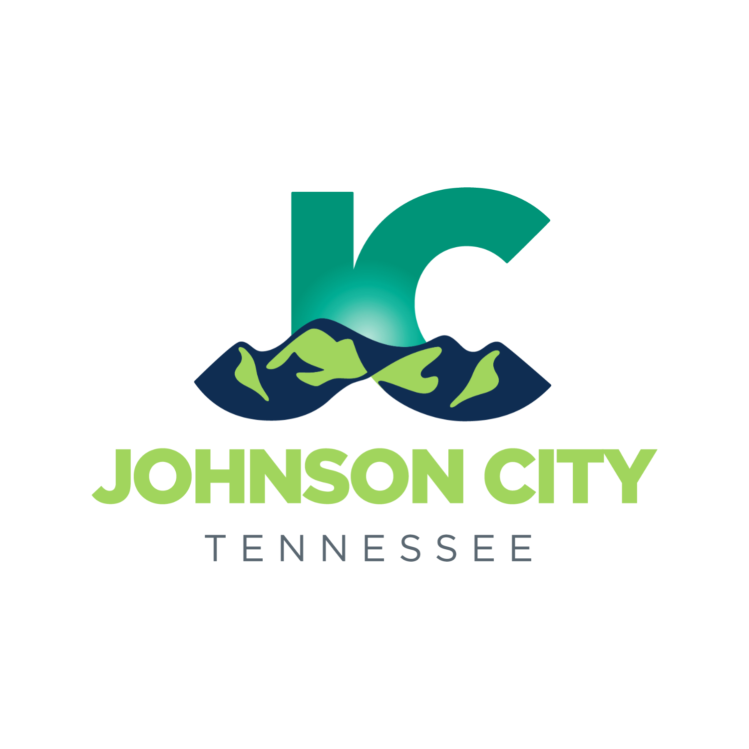 Johnson City, Tennessee logo in green and blue with mountain shapes