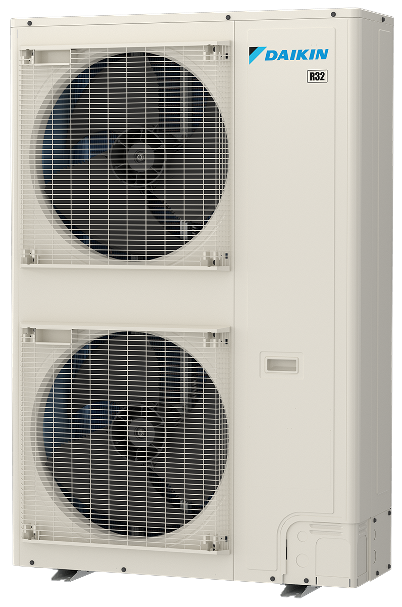 White Daikin outdoor air conditioner unit with two large fans and blue logo
