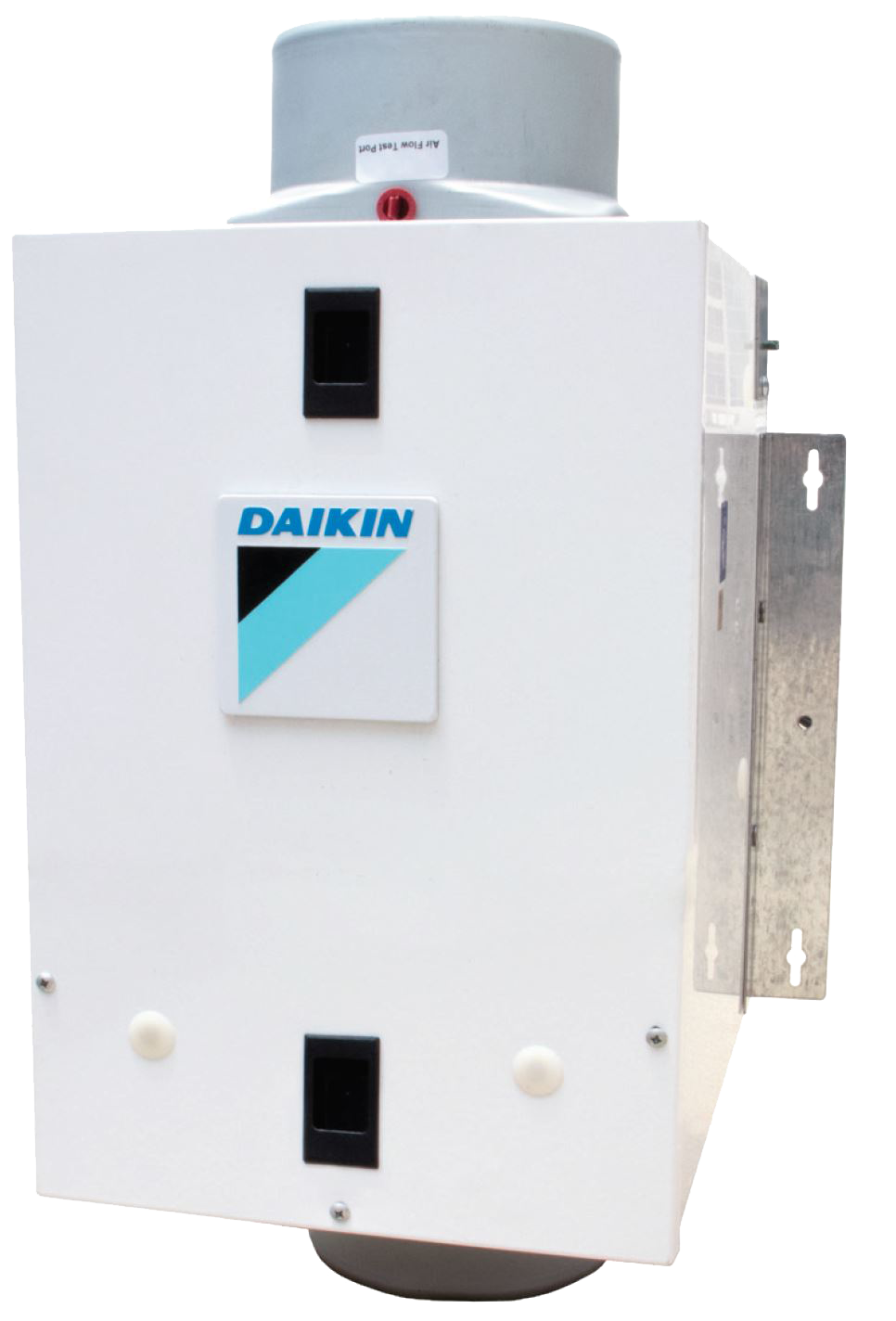 White Daikin wall-mounted HVAC unit with vent openings and gray top vent, shown against a plain background