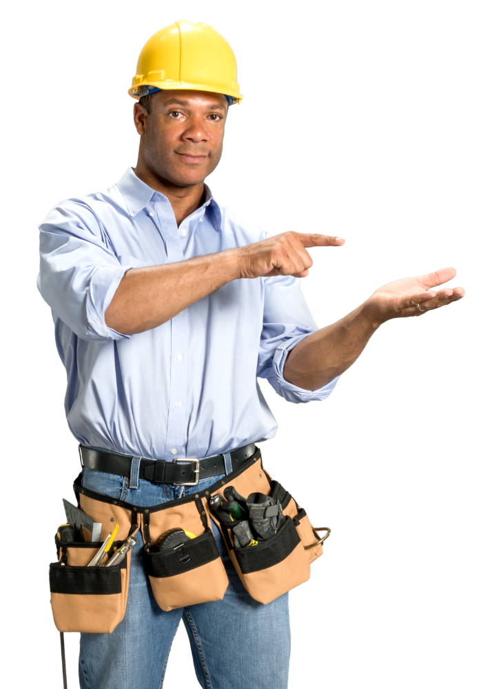 Our Services Construction worker in yellow hard hat pointing at an open palm tool belt pouch