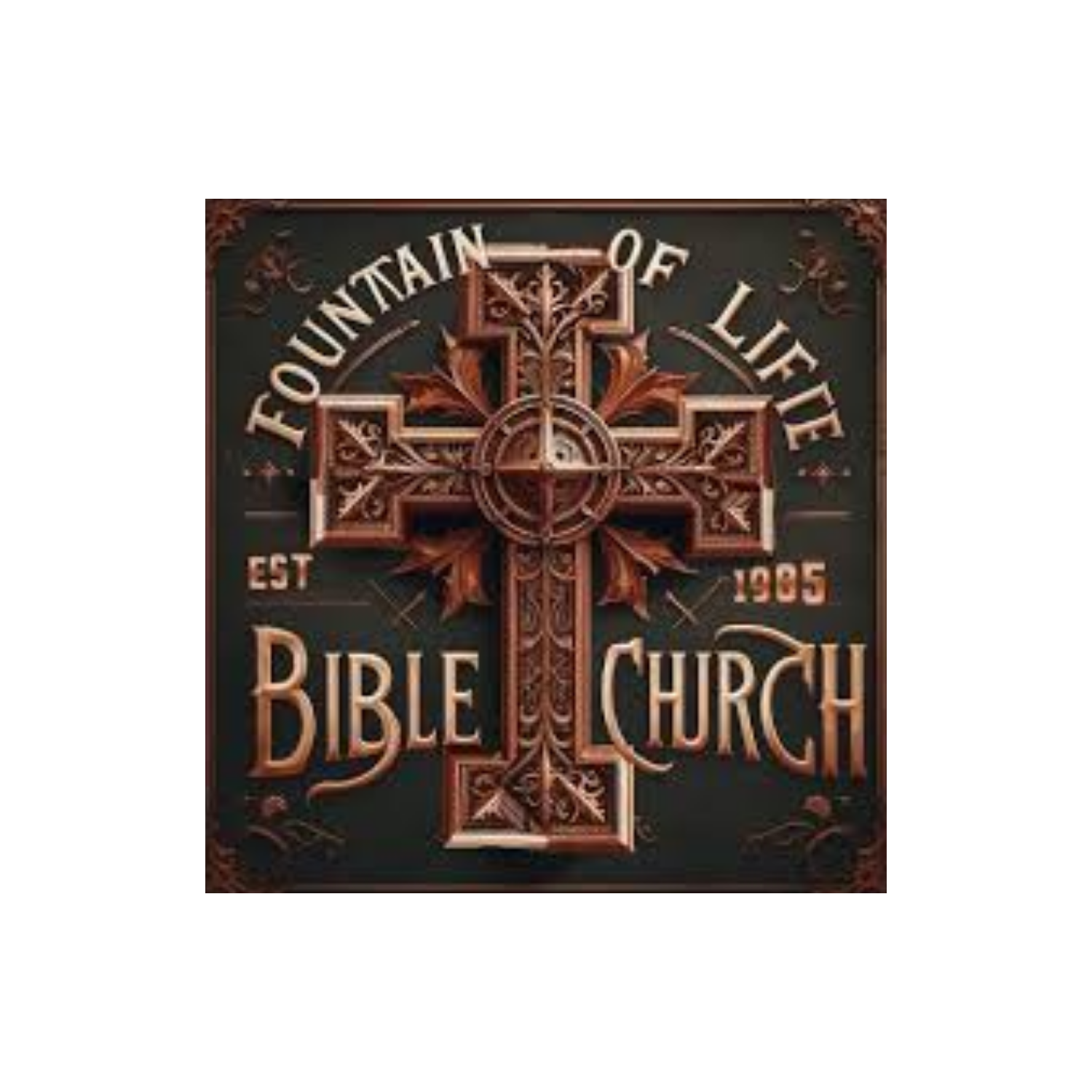 Vintage Bible Church emblem with a copper cross and “Fountain of Life” text on a dark background