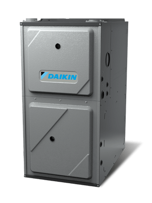 Gray Daikin HVAC furnace unit with blue logo, shown on a white background