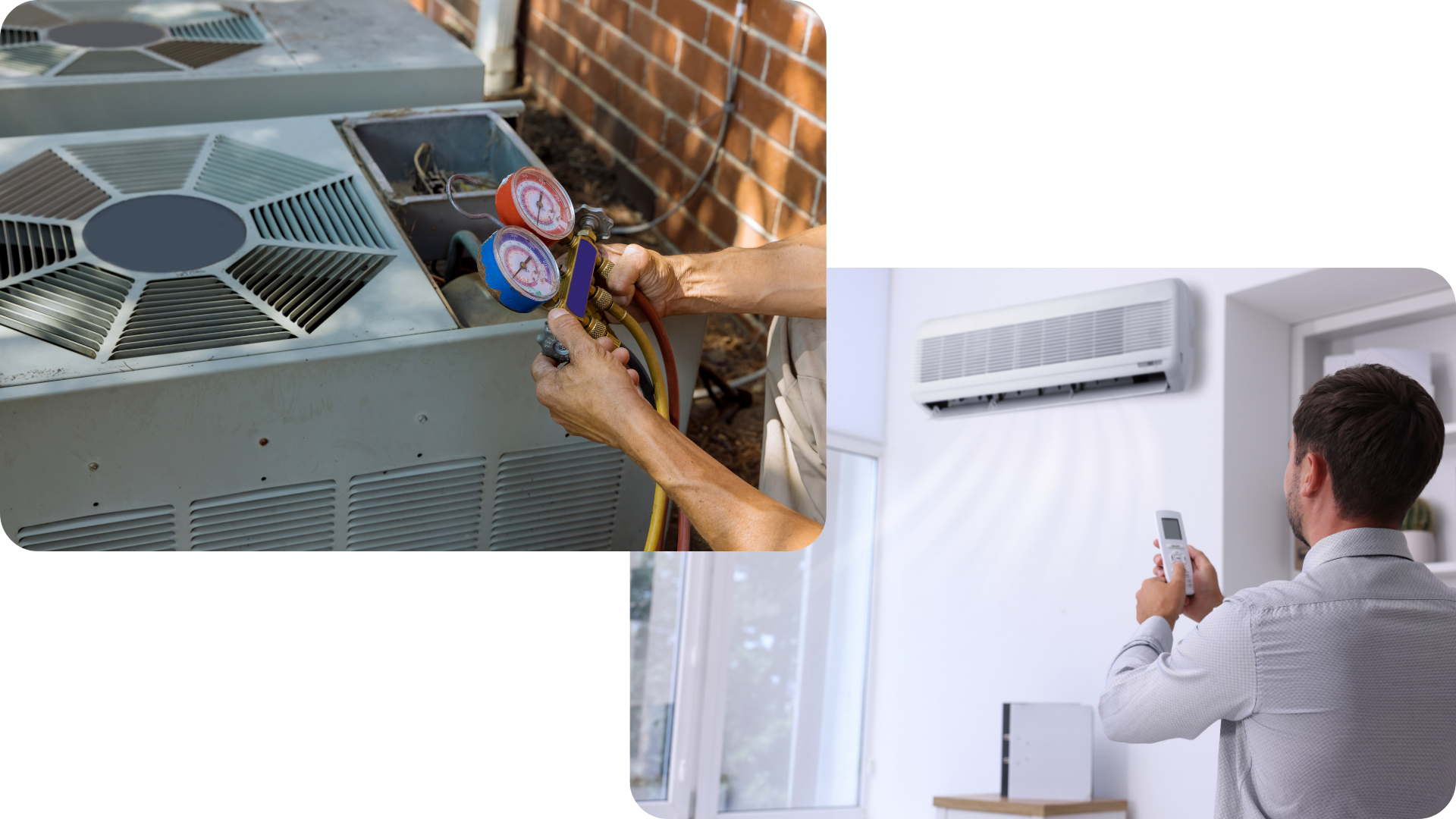Our Services HVAC technician checking air conditioner with gauge and remote control indoors