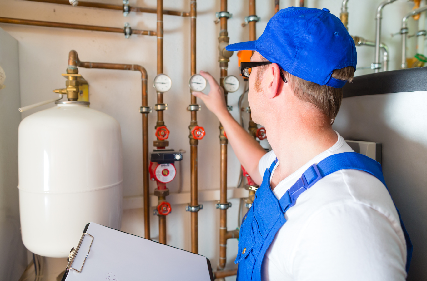 Technician inspecting plumbing valves and gauges beside a white tank in a utility room