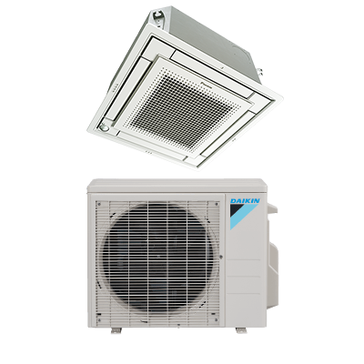Ceiling cassette indoor AC unit above Daikin outdoor condenser on white background