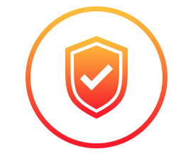 Orange-red shield with a white checkmark inside a circular outline.