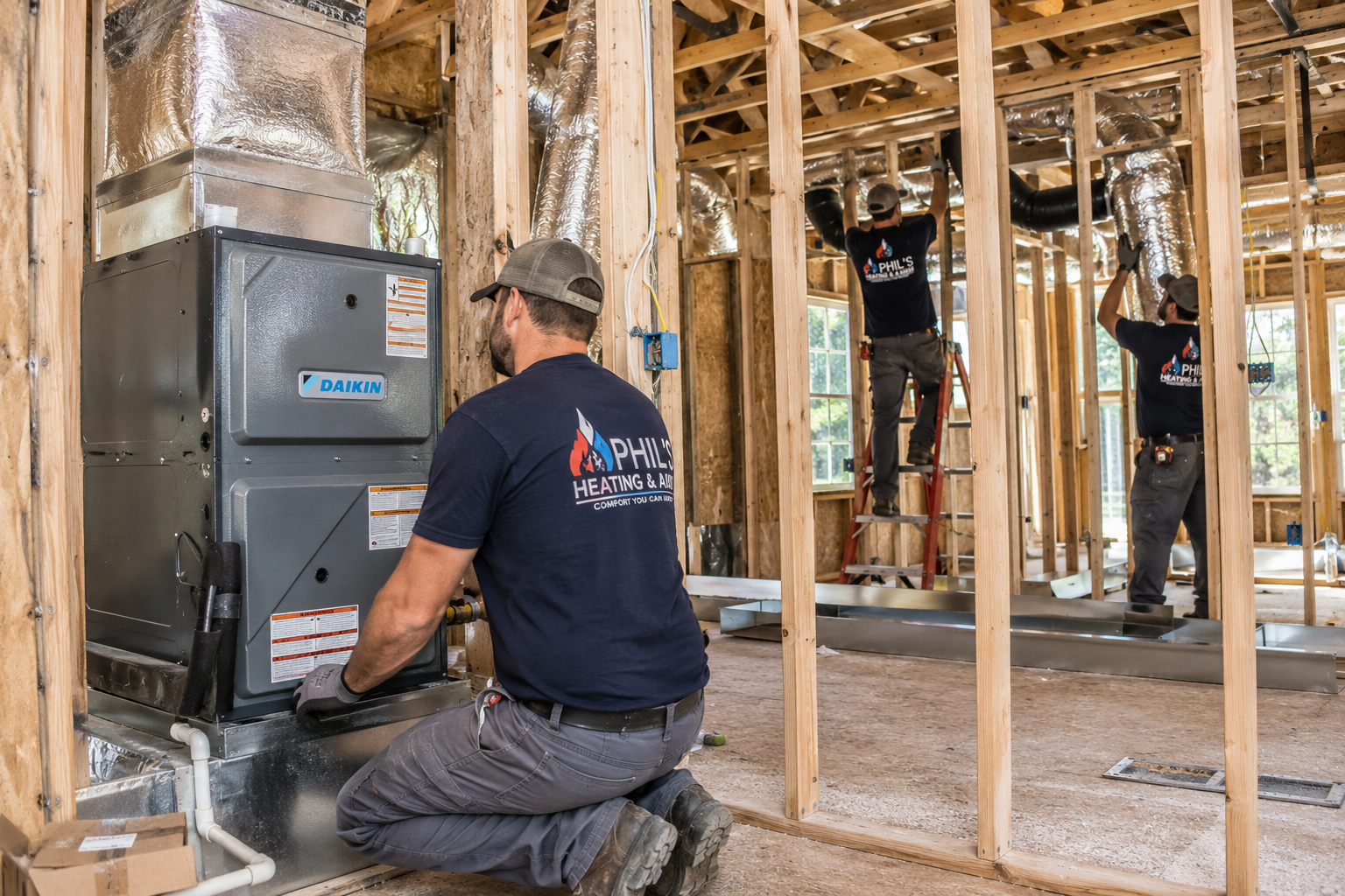 Worker kneeling beside a furnace in a framed house under construction, installing HVAC ductwork.