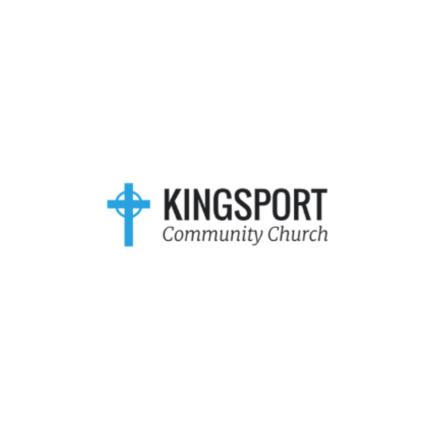 Kingsport Community Church logo with a blue cross icon and black text on a white background
