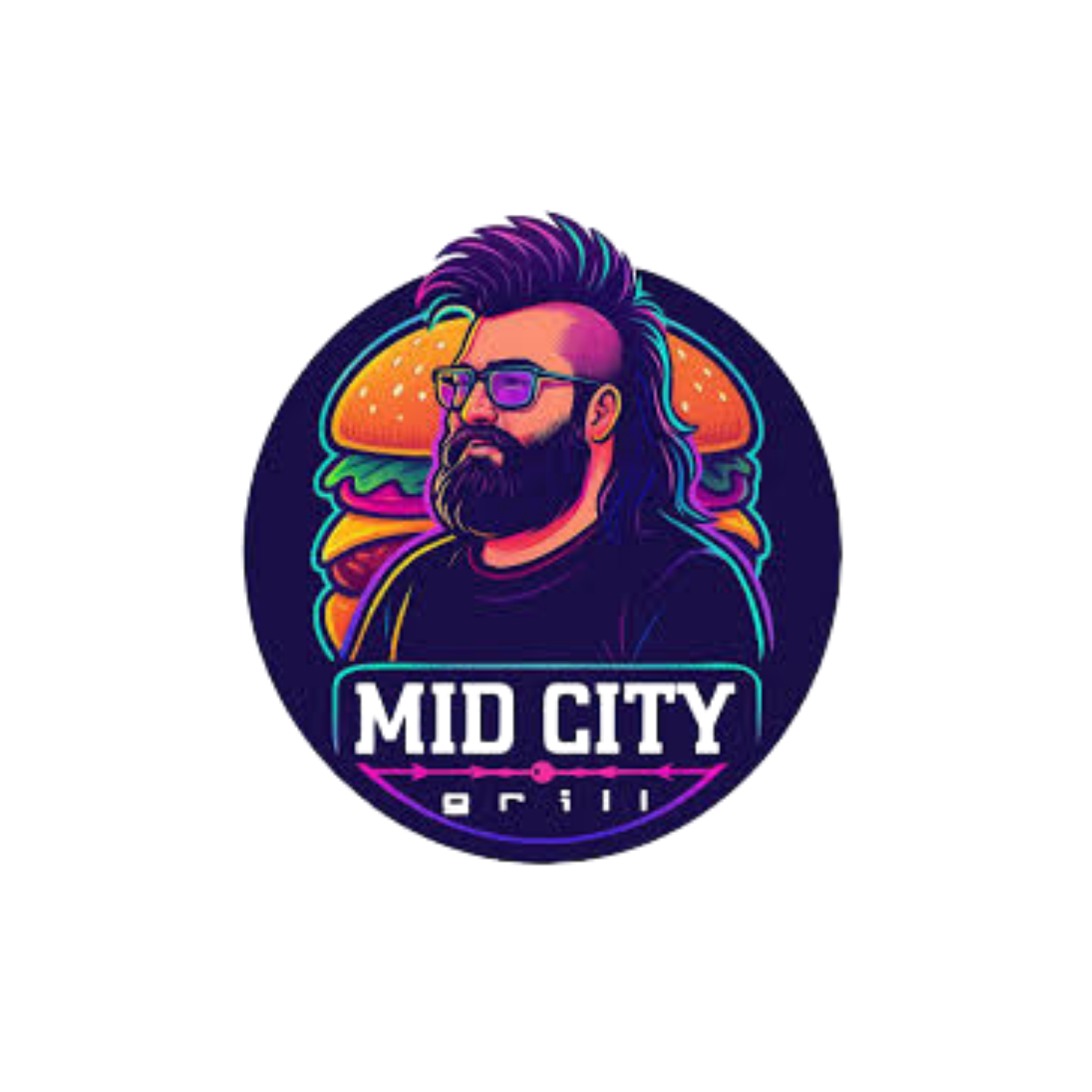 Stylized neon logo of a bearded man in sunglasses above “MID CITY” text
