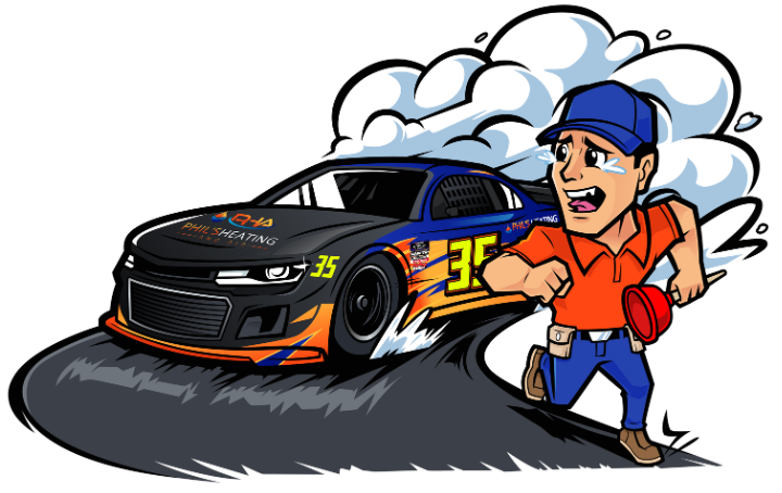 Cartoon race car with number 35 and a smiling driver in red, set against clouds and speed lines