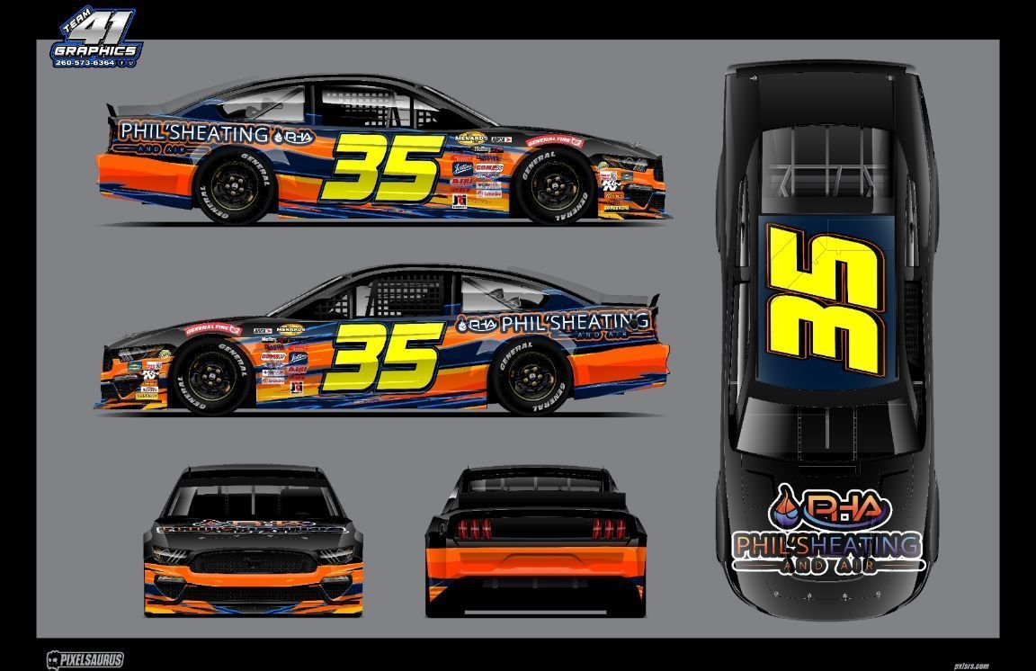Black #35 NASCAR-style race car shown in side, front, rear, and top views on a gray background
