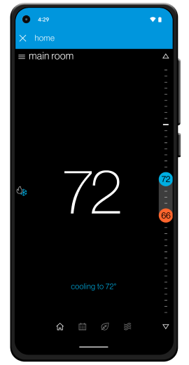 Smartphone thermostat app showing main room set to 72°F on a dark screen.