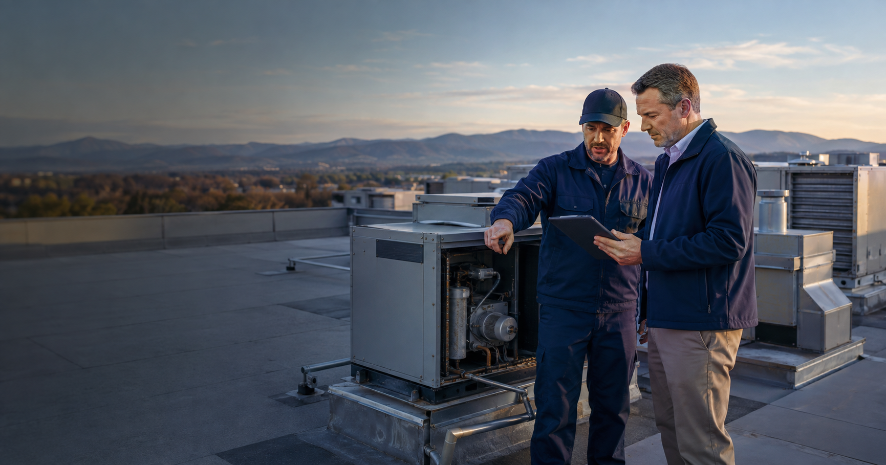 Two workers inspect rooftop HVAC equipment at dusk, with mountains in the background.