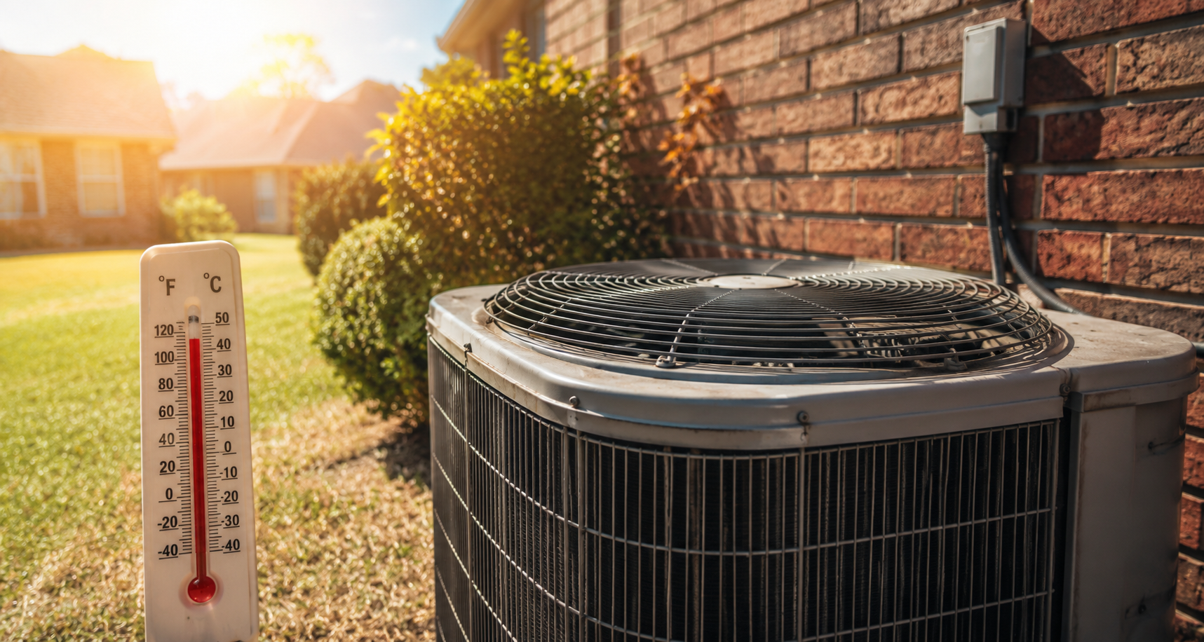 Outdoor air conditioner beside a thermometer showing hot temperatures in a sunny yard