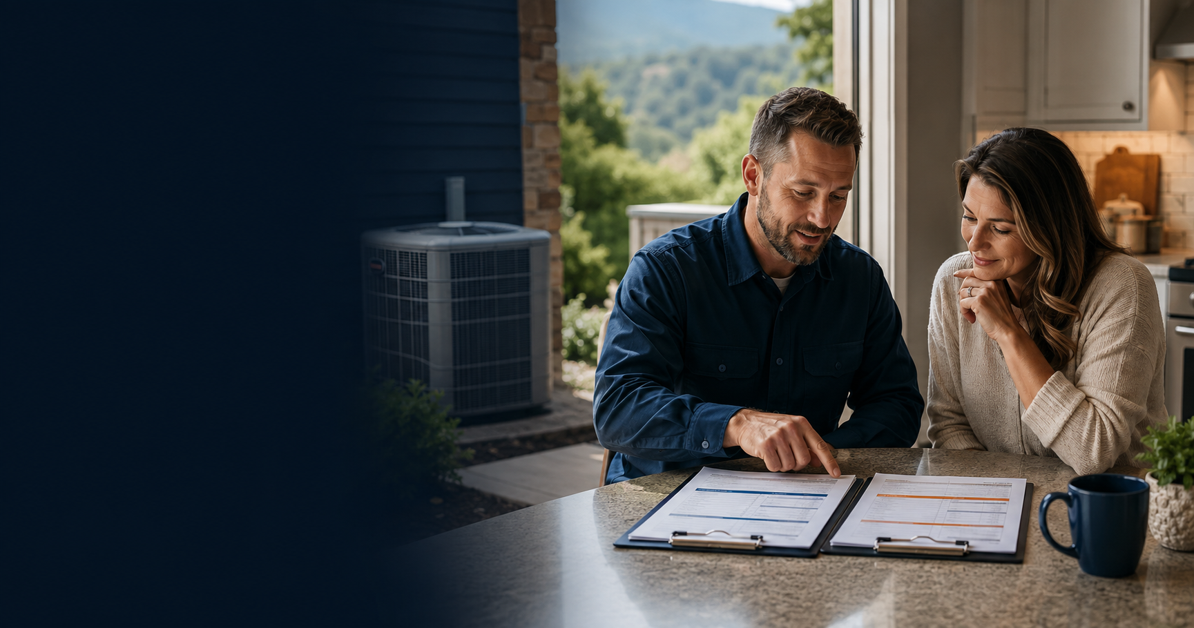 Couple reviewing documents at a kitchen table beside a home air conditioner unit.