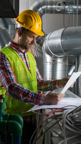 Worker in yellow hard hat and reflective vest reviewing plans in an industrial mechanical room.