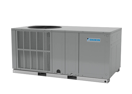 Gray Daikin outdoor HVAC unit with vents and top fan on a white background