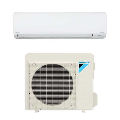 Wall-mounted white air conditioner above a beige Daikin outdoor condenser unit